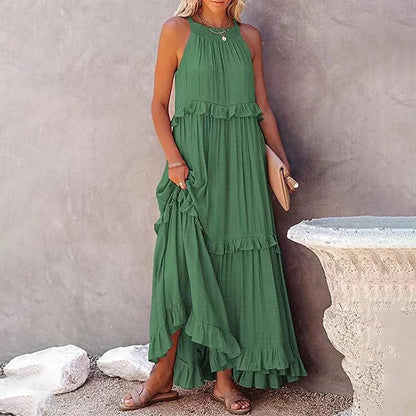 Women Casual Solid Ruffles Long Dress Summer Elegant Sleeveless Sundress Elegant Harajuku Maxi Dress Beach Party Evening Vestido