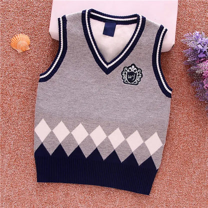 Baby Boys Sleeveless Uniform Knit Sweater Toddler Kids Knit Sweater Vest V Neck Knitted Waistcoat Autumn Winter 1-8T