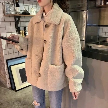 Petitefleece-lined Thickened Sheep Fleece Jacket Women's Autumn/winter 2024 New Style Loose-fit Sweatshirt Versatile Students