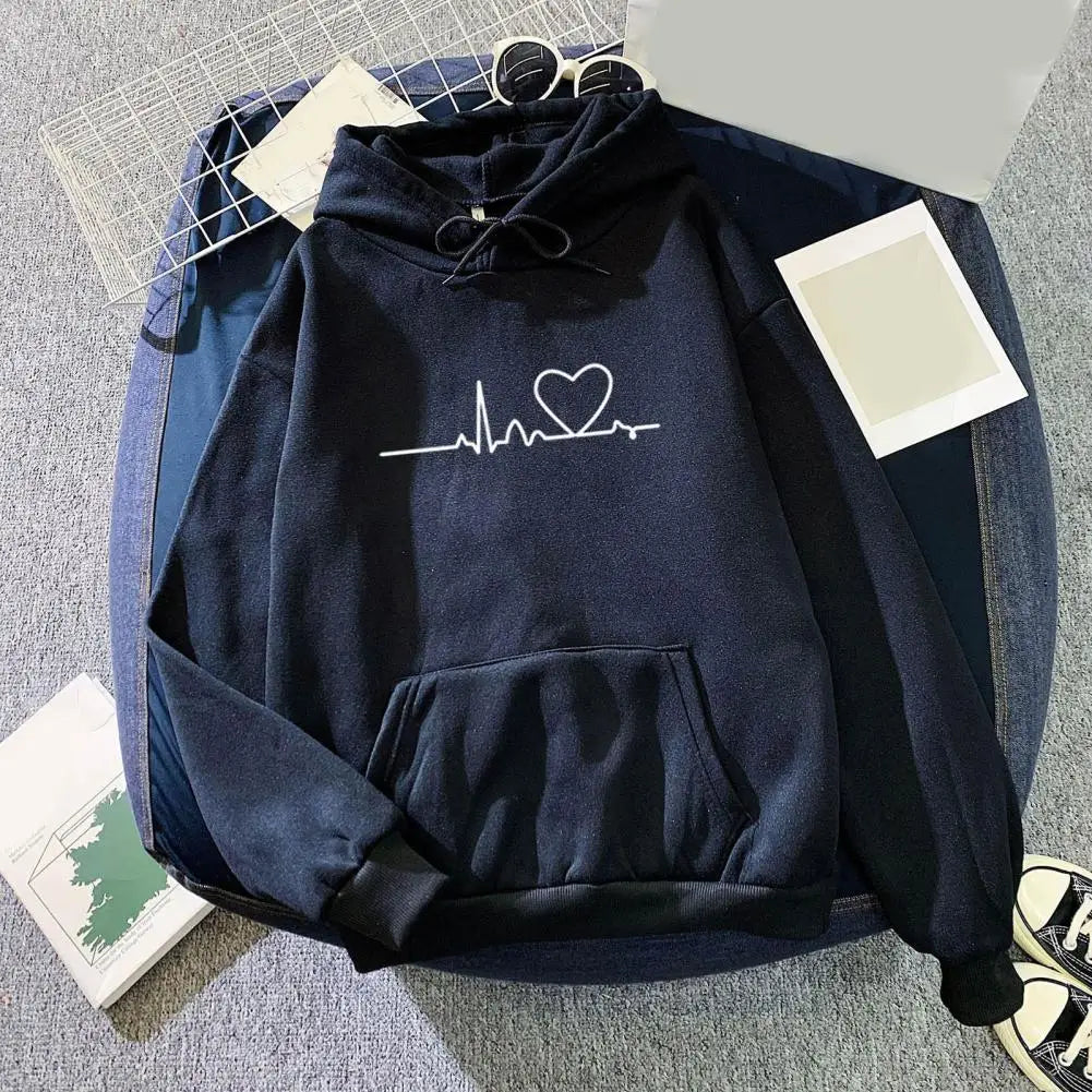 Chic Elastic Hem Women Autumn Hoodie Streetwear Women Autumn Hoodie Elastic Cuff Heart Print Couple Hoodie for School