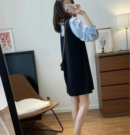 2024 autumn maternity dress preppy style pregnant women long sleeve loose dresses block color plus size pregnancy vintage dress