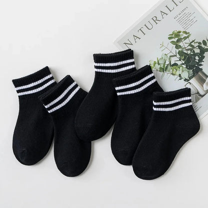 5 Pairs Spring Children Socks 100% Cotton Kids Fashion Black White Pink Student Baby Girl Boy Sports Short Socks For 1-12 Years