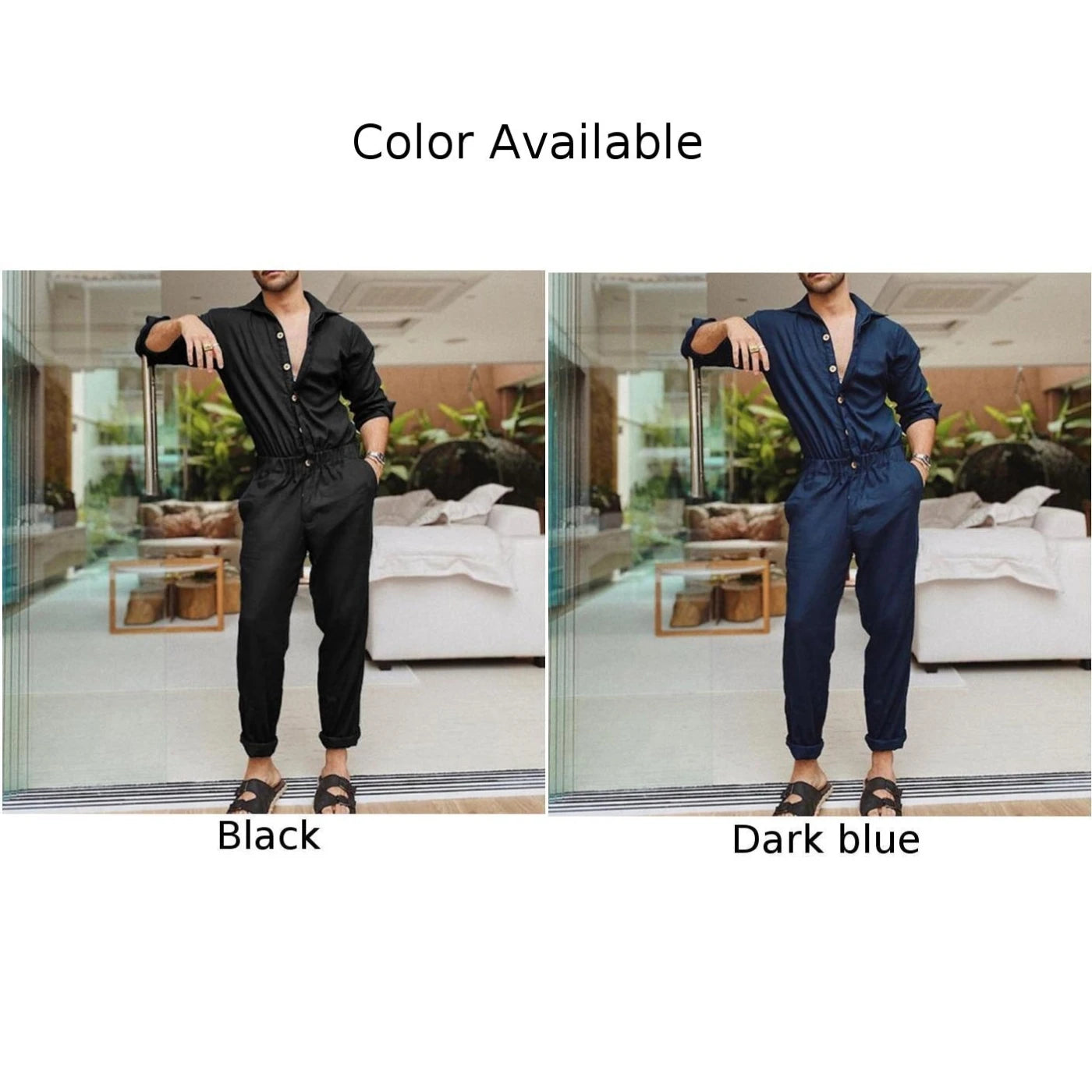 Summer Thin Men\'s Cargo Jumpsuit Pants Overalls Fashion Long Sleeve Lapel Button-Down Rompers Solid Color Workwear Pants