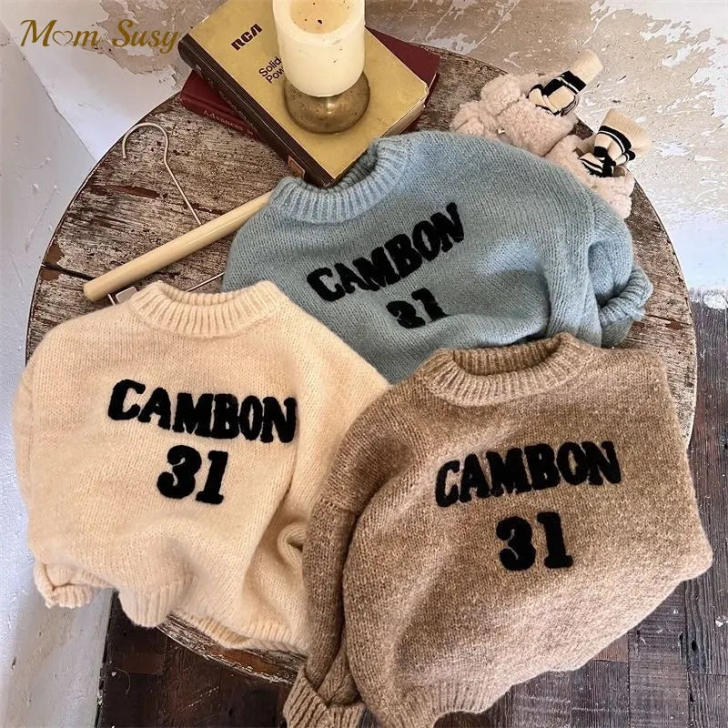 Fashion Baby Girl Boy Letter Embroidery Sweater Winter Spring Infant Toddler Child Knitted Pullover Top Casual Baby Clothes 1-7Y