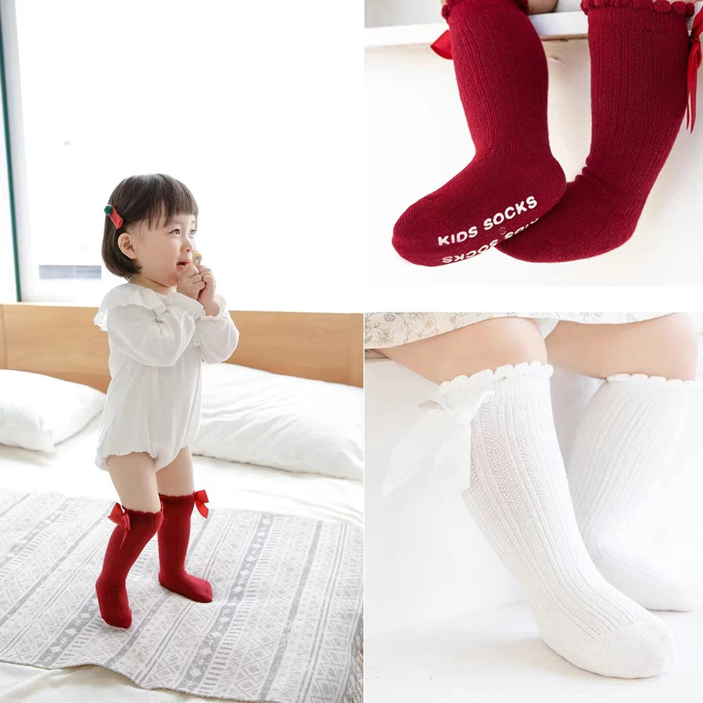 3Pcs/Set Baby Cotton Knee Socks Silk Stain Bow Headbands Non-slip 0-12M Long Leggings Stockings Nylon Hairbands Boys Girls Sock