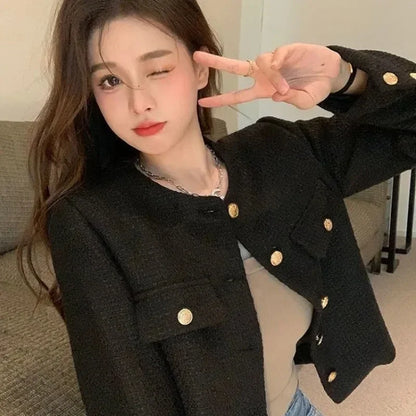 Wool Coat Women Jacket Short Autumn Winter Cardigan Long Sleeve Top Single Breasted Tweed Versatile Wool Top Full Sleeve 2024