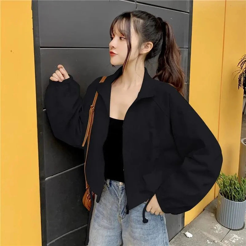 Vintage Baseball Jacket Women Korean Zipper Soild Drawstring Sexy Cropped Tops Harajuku Y2K Pocket Loose Casual Female Outwear