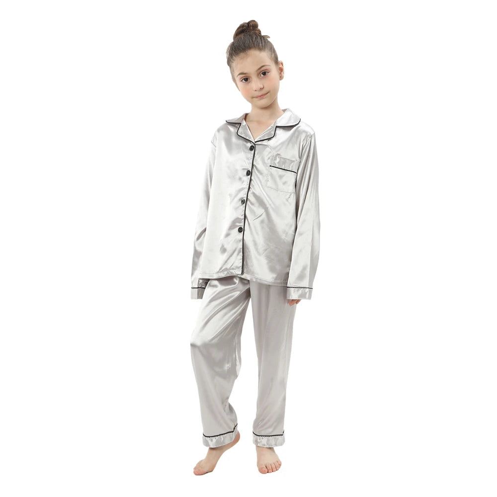 2pcs Boys Girls Pajamas Silk Pants Long Sleeve Solid Button-Down Pyjamas Satin Sets Nightgown Children Sleepwear Kids Loungewear