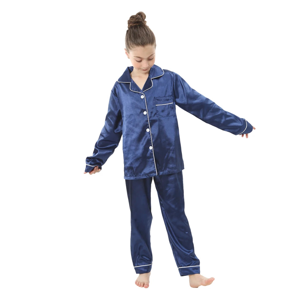 2pcs Boys Girls Pajamas Silk Pants Long Sleeve Solid Button-Down Pyjamas Satin Sets Nightgown Children Sleepwear Kids Loungewear