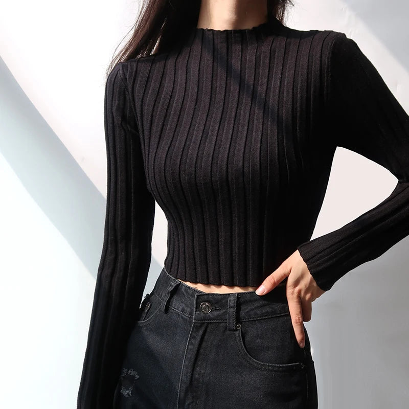 American Retro Stand Collar Solid Color Simple Slim Fit Fashion Short Knitted Long-sleeved Sweater