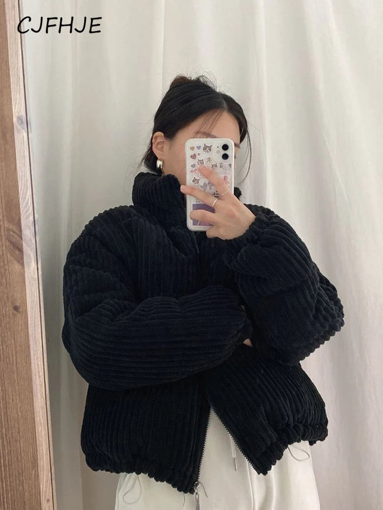 CJFHJE Simple Thick Corduroy Puffy Coat Women Fashion Solid Short Parkas Casual Winter Warm Female Cotton Down Zipper Jacket