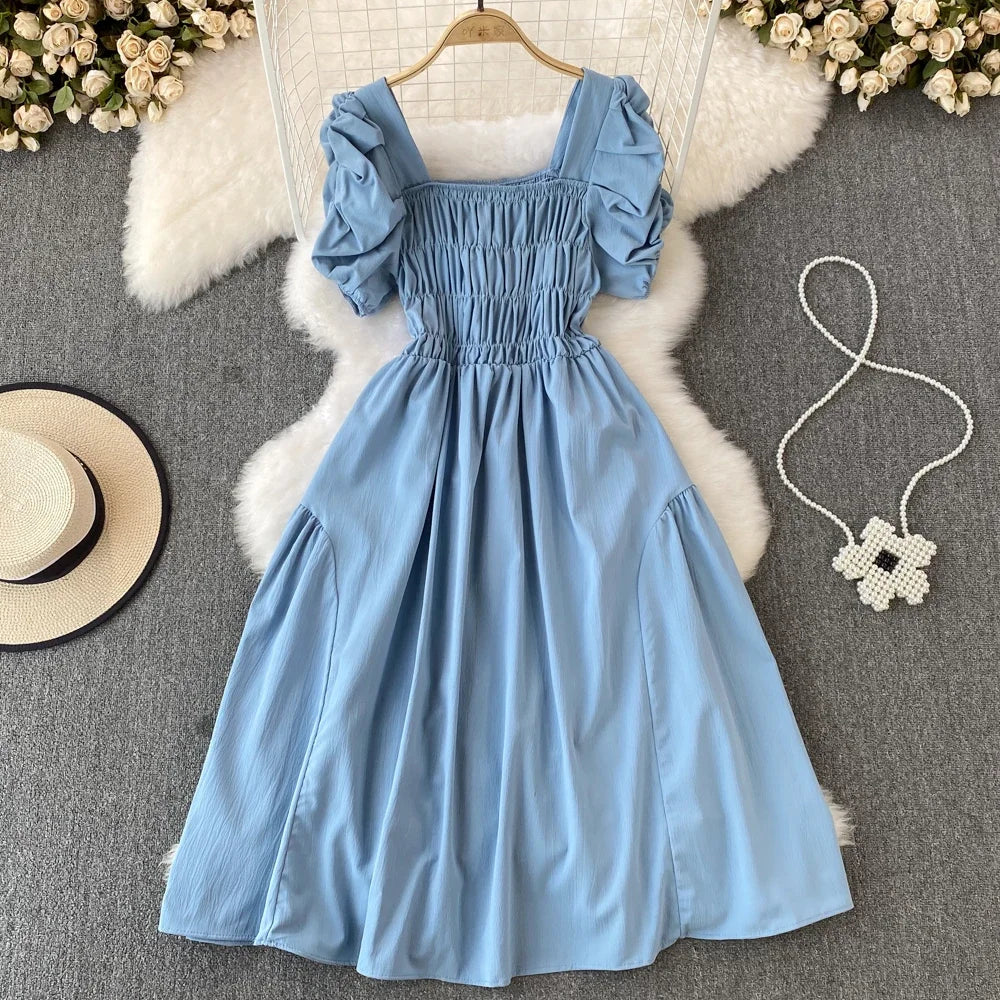 2024 New Summer Y2K Vintage Women Dress Elegant Puff Sleeve Big Swing Party Dress Korean Fashion Lady Outfits Vestidos