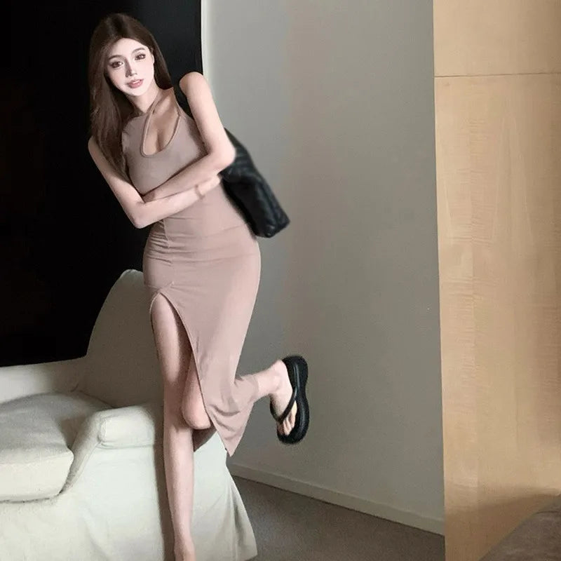 2024 New Summer Open Party Sexy Korean Summer Solid Color Hollow Slim Fit Sexy Split Mid length Sling Dress