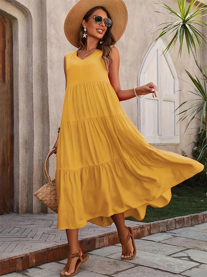 Y.KUKU 2024 Women Dress Summer Casual Brand Vacation Holiday Beach Long Dresses V-neck Loose Elegant Yellow Dress Femme