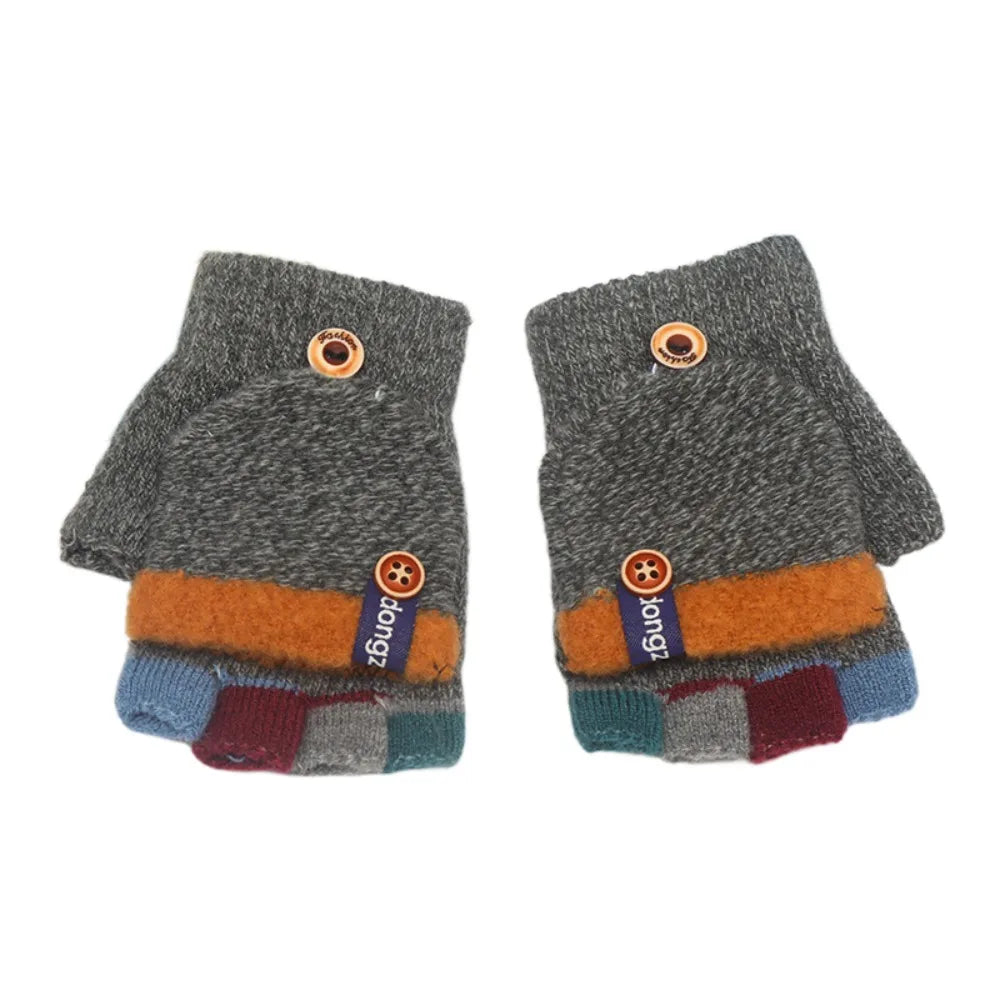 Fashion Autumn Winter Warm Gloves Cute Cartoon Exposed Finger Knitted Gloves Plush Thickened Children Mittens for Children