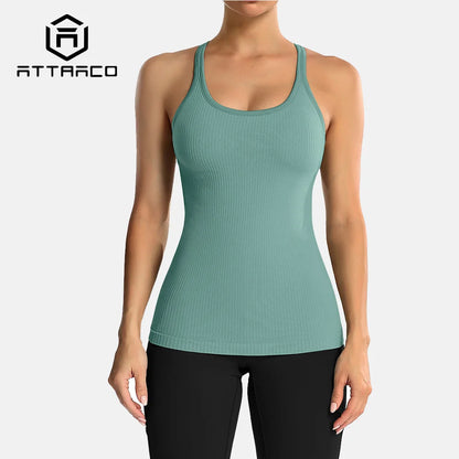 Attraco Women Camisole Racerback Design U-Neck Basic Breathable Sportswear Solid Soft Build-in Shelf Bra Running Tank Tops