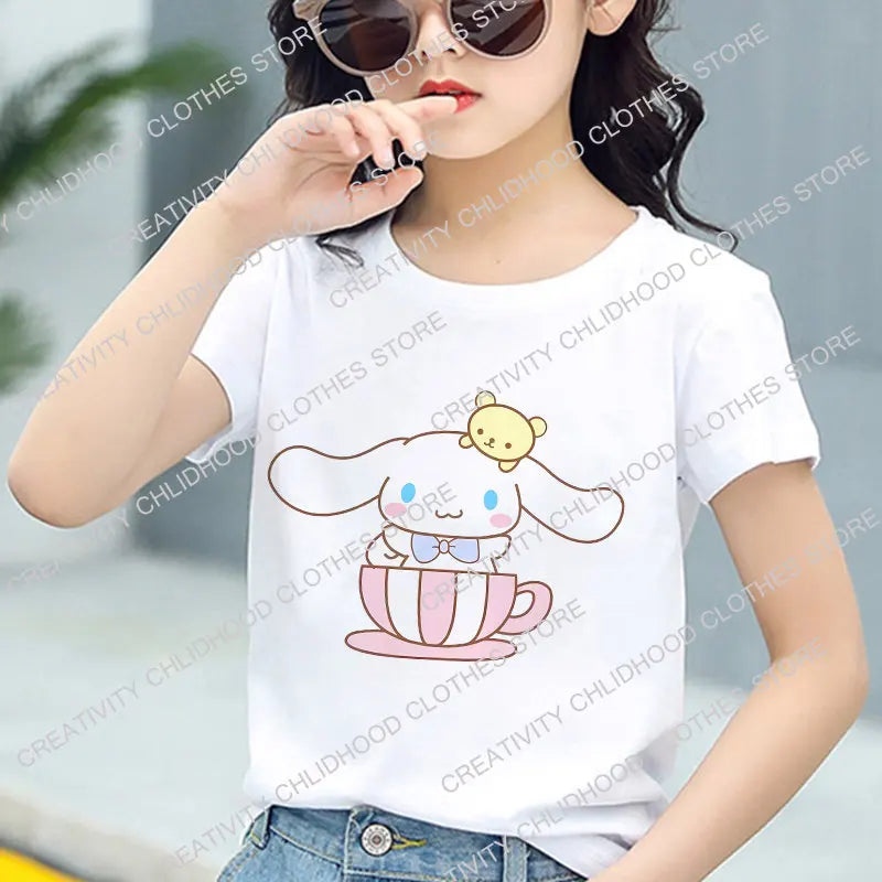 Sanrio Children T-shirt Kawaii T Shirt Hello Kitty Cinnamoroll Cartoons Casual Clothes Anime Tee Shirts Kid Clothing for Girls