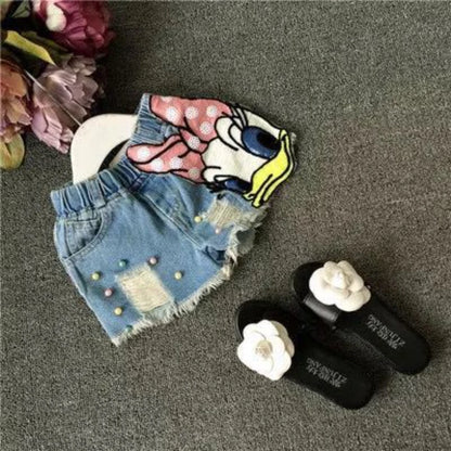 Summer Fashion Kids Clothes for Girls Shorts Cute Cartoon Daisy Denim Shorts Girls Kawaii Pearl Jean Shorts Pants Plus Size