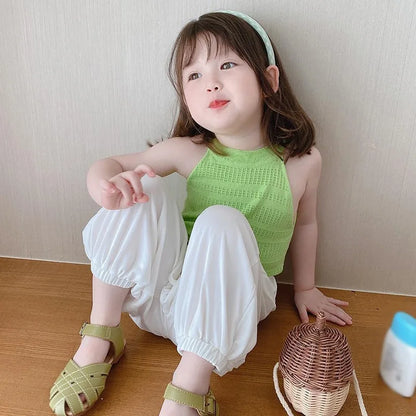 Baby Girls Tank Top Summer Sleeveless Suspenders Solid Vest Thin Bustier Hollow Out Camisole Toddler Kids Casual Clothes