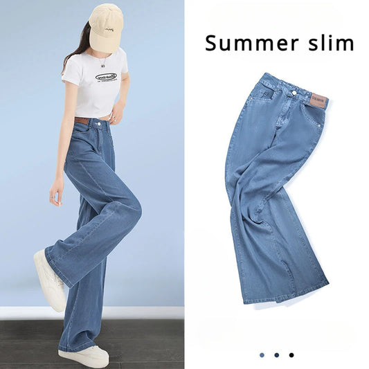 Blue Ice Silk Jeans Women's Summer Thin Straight Pants Micro Speaker Mop Wide Leg Pants Long Pants Y2K Denim Casual Pants Pocket