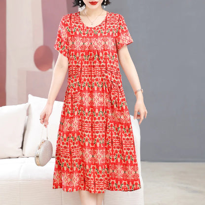 Summer Dresses O-neck Print Long Dress Short Sleeve Women Long Dresses Bohemian cotton style Loose Dresses Women Clothing