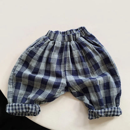 Children's Retro Blue Plaid Trousers 2024 Spring Autumn New Korean Boys And Girls Double-Layer Cotton Casual Harem Pants WTP121