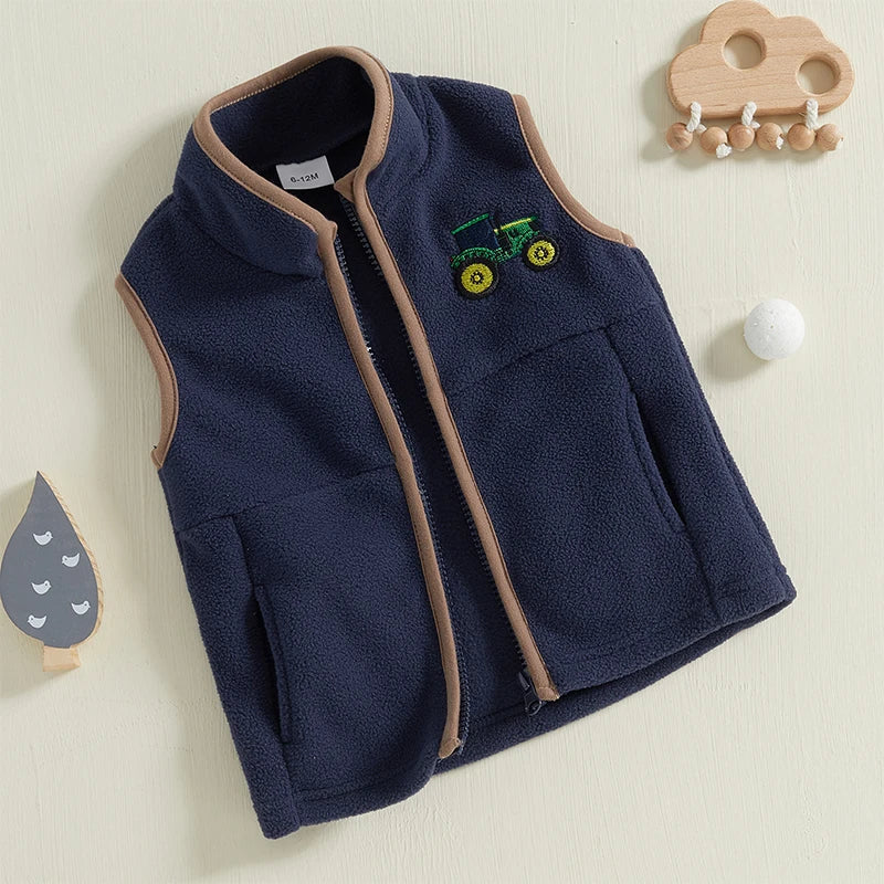 Kids Winter Warm Sleeveless Stand Collar Zip Up Tractor Embroidery Fleece Vest Jacket for Boys Casual Outdoor Coat