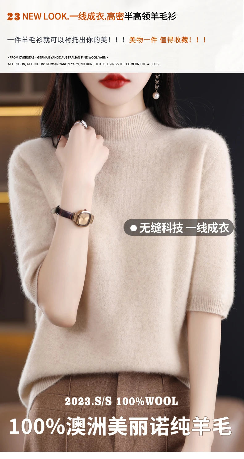 Fashion Half Short Sleeve 100% Merino Wool Sweater Basic Mock-Neck  Cashmere Women Knitted Top  Pullover Clothing Tops