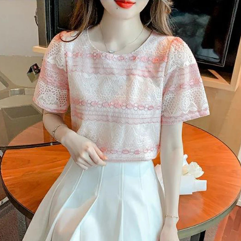 Women Stylish Contrast Color Hollow Lace Sweet Chic Short Sleeve T-shirt 2024 Summer Female Korean Style Casual O Neck Slim Tops