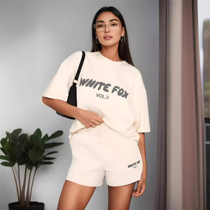 Summer Printed Letter Retro Women Short Pants Ladies Chic Drawstring Solid T-shirt Pullovers Aesthetic 2 Piece Oversized Outfits