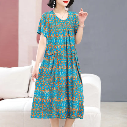 Summer Dresses O-neck Print Long Dress Short Sleeve Women Long Dresses Bohemian cotton style Loose Dresses Women Clothing