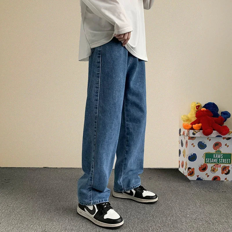 2024 New Streetwear Baggy Jeans Men Korean Fashion Loose Straight Wide Leg Pants Male Brand Clothing Black Light Blue