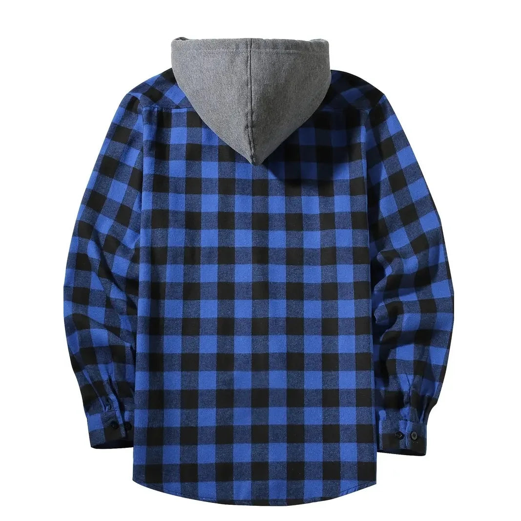 Men's Shirts Classic Plaid Casual Button Down Hooded Long Sleeved Double Pockets Shirt Hoodie Flannel Jacket Spring Autumn Tops