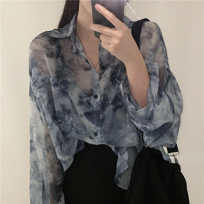 Shirts Women Fashion Tie Dye Harajuku Gothic Top New Korean Loose Casual Clothes Sun-proof Embroidery All-match Summer Holiday