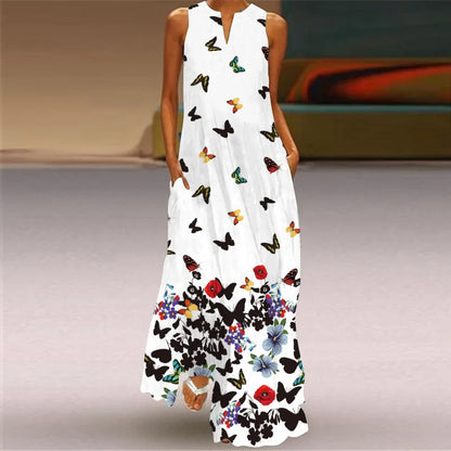 Fashion V-Neck Printed Sleeveless Women Maxi Dress Summer Casual Loose Straight Beach Long Dresses Ladies Sundress Lady Vestidos