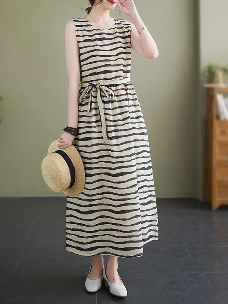 2023 Summer Vintage Print Striped V-neck Dresses Women Sleeveless Casual Loose Cotton Linen Dress Elegant Vestidos Robe Femme