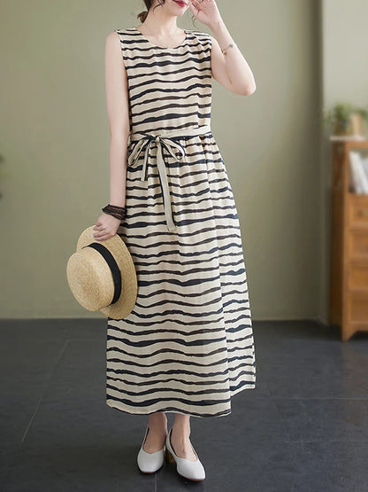 2023 Summer Vintage Print Striped V-neck Dresses Women Sleeveless Casual Loose Cotton Linen Dress Elegant Vestidos Robe Femme