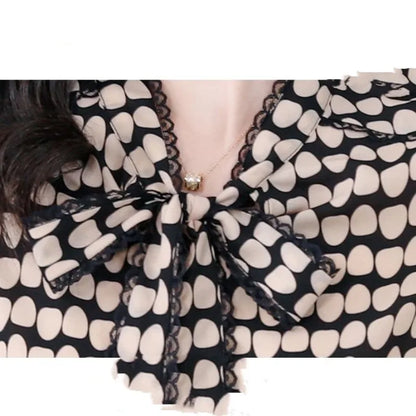 Korean Simplicity Summer New Women's V-Neck Bow Polka Dot Lacing Fashion Office Lady Long Sleeve Loose Chiffon Shirt Tops