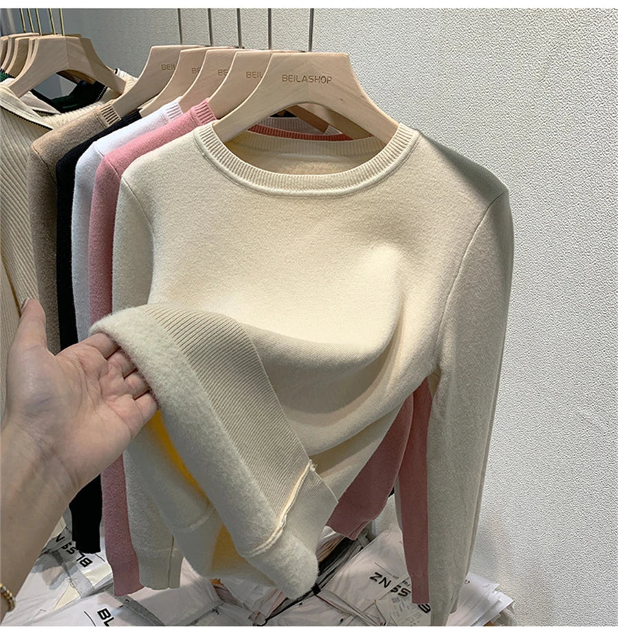 O Neck Winter Sweater For Women Thicken Slim Soft Knitted Tops Plus Velvet Long Sleeve Pullover Casual Warm Malhas Jerseys