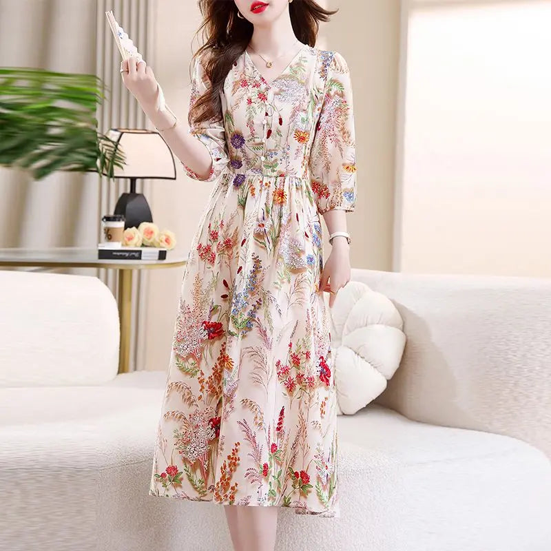 Summer New V-neck Half Sleeve Fashion Midi Dress Women High Street Floral Printing Dresses Elegant Button Lacing Y2K Vestidos