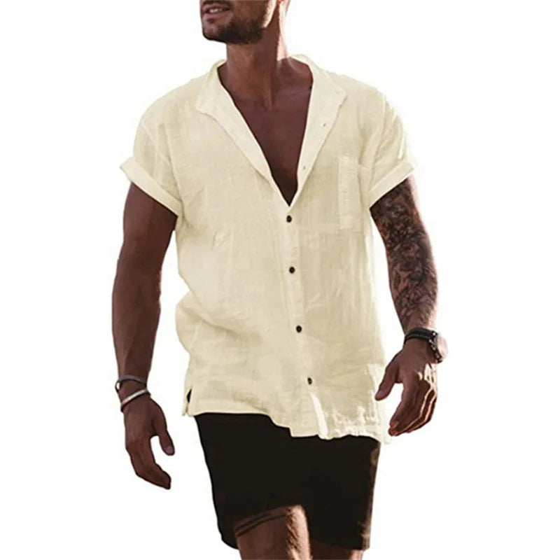 Cotton Linen Hot Sale Men's Short-Sleeved Shirts Summer Solid Color Stand-Up Collar Casual Beach Style Plus Size