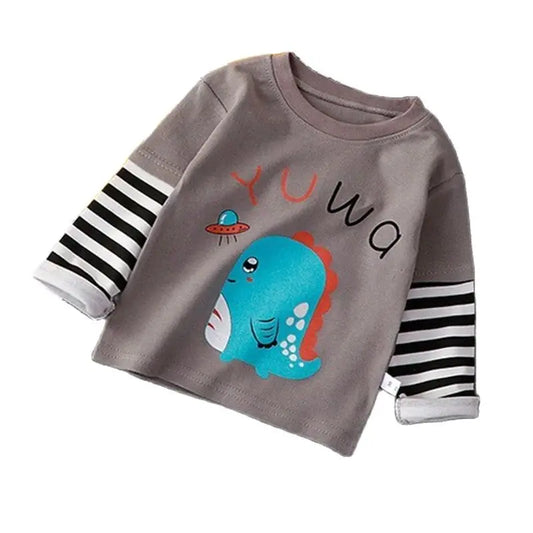 Cartoon T-Shirt Fake Two Piece Cotton Sweatshirt Stripe Kid Boys Spring Autumn Girls Pullover Tops Round Neck Casual Clothes New