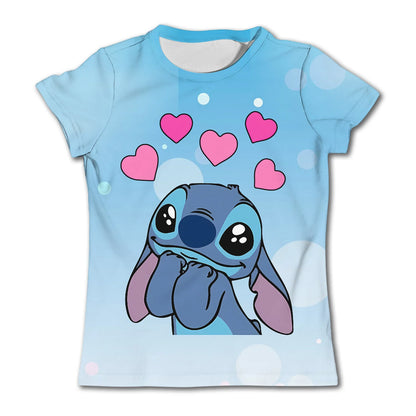 3-4Y Girls Disney Stitch T Shirts Summer Cute Cartoon Short Sleeve Children's Casual Clothing Quick Dry Tees T-shirt Kids' Top