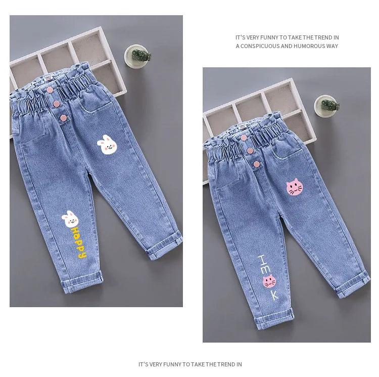 2023 new Boys girls Jeans printing Cartoon elastic forceGirl Jeans Spring Autumn Jeans Kid Casual Style Children Clothing2-7Y