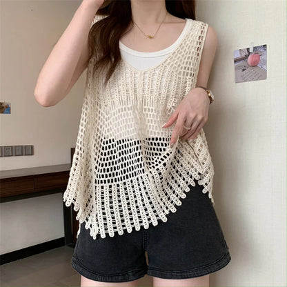 Hooked flower hollowed out knitted vest for women's top, retro loose fitting, sleeveless suspender top, summer cool style