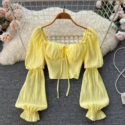 Chic Puff Long Sleeve Hotsweet Slim Blouse Elegant Korean Fashion Pleated Crop Top Sexy Shirt Sweet Spring Autumn Women Clothing