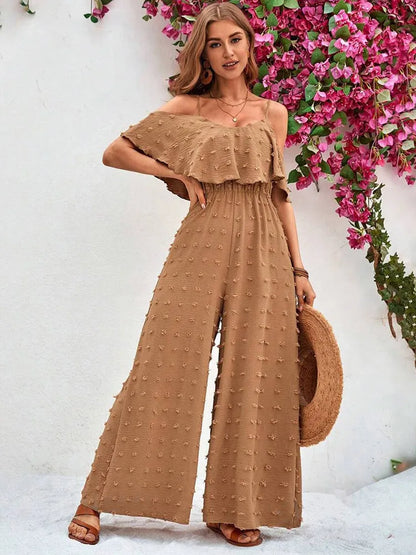 Woman Shoulder-off Bib Flounce Jumpsuits Summer Autumn Casual Loose Solid Pants for Women Female Spaghetti Strap Wide Leg Suit