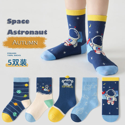 Autumn Socks Boys' Cartoon Astronaut Pattern Cotton Socks Children's Medium Socks Baby Autumn Socks