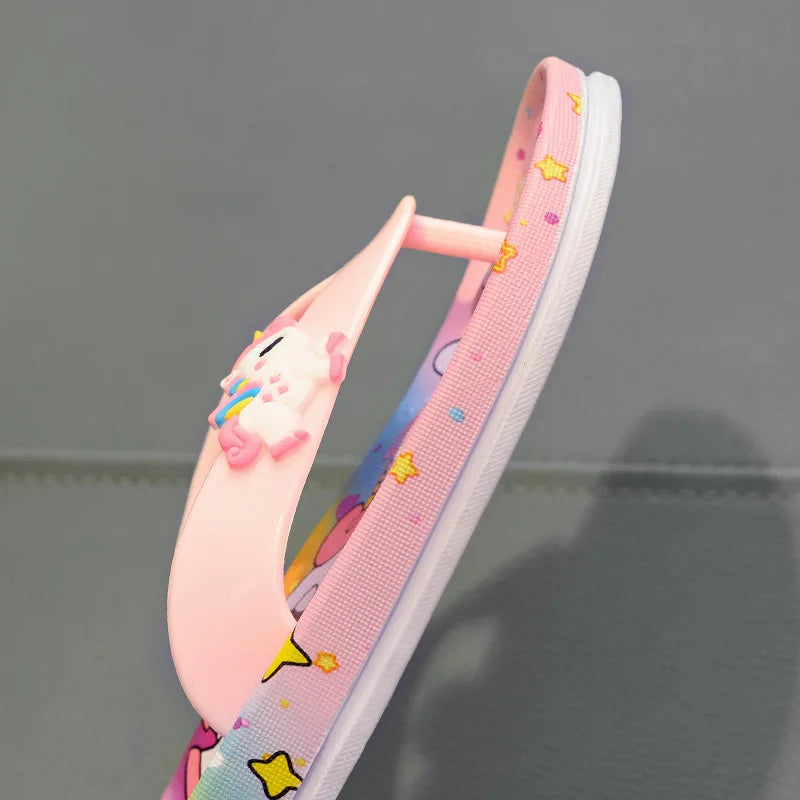 Cute Unicorn Flip-flops Girls 2022 Summer Indoor Home Bath Non-slip Sandals Children Princess Clip-on Flat Beach Shoes Slippers