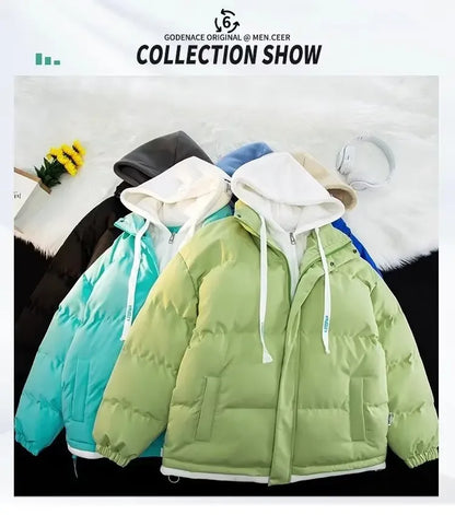 Winter New Style Padded Jacket Thickened Hooded Two-piece Illusion Puffer Jacket For Men Women Loose-fit Couple Student